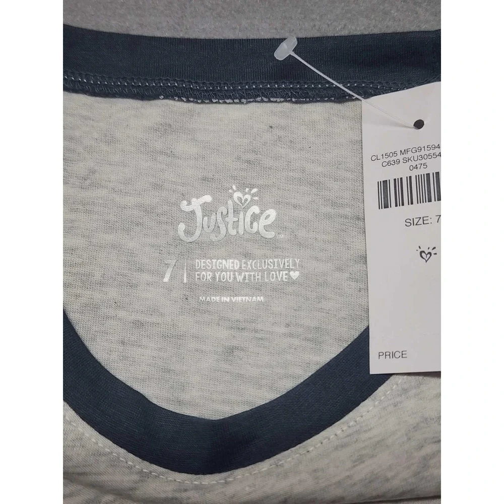 Justice Girls Raglan Long Sleeve Bunny Cactus Graphic Tee Gray Navy Size 7 NWT